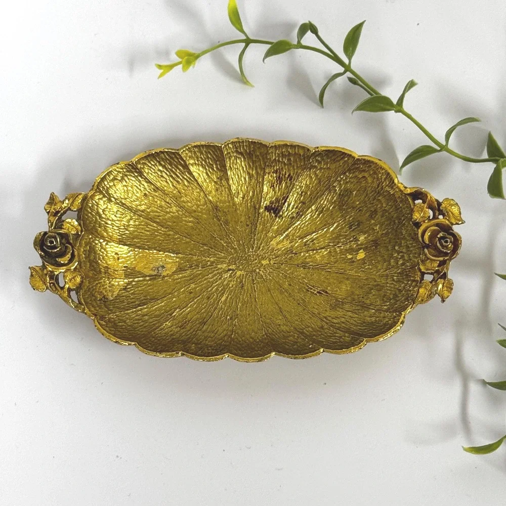 Vintage Gold toned Ormolu Soap Dish: Rose Detail, Hallway Key Tray or ring dish